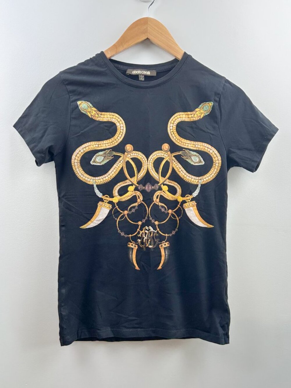 Roberto Cavalli Snake Print T-Shirt | Black Graphic Tee | Size Medium